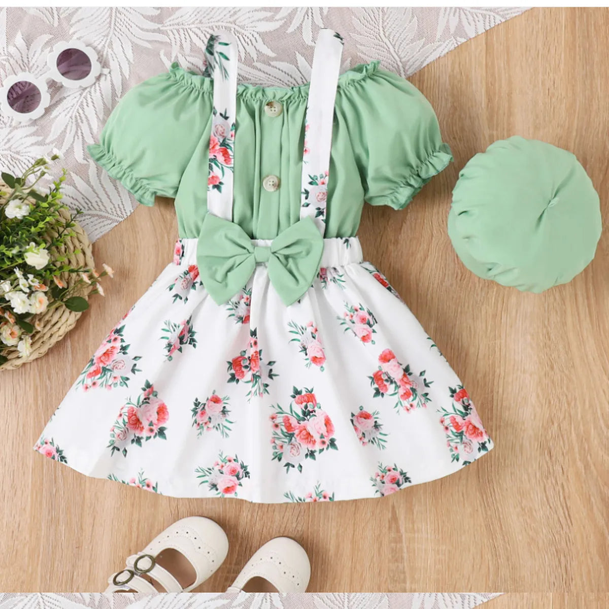 Floral Suspender Skirt Set with Puff Top & Matching Hat (4-7 Years)